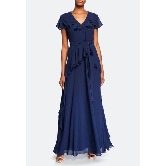 SHANI V-Neck Ruffle Georgette Flutter-Sleeve Gown Size 16 Navy Blue Chiffon NWT - Picture 1 of 13